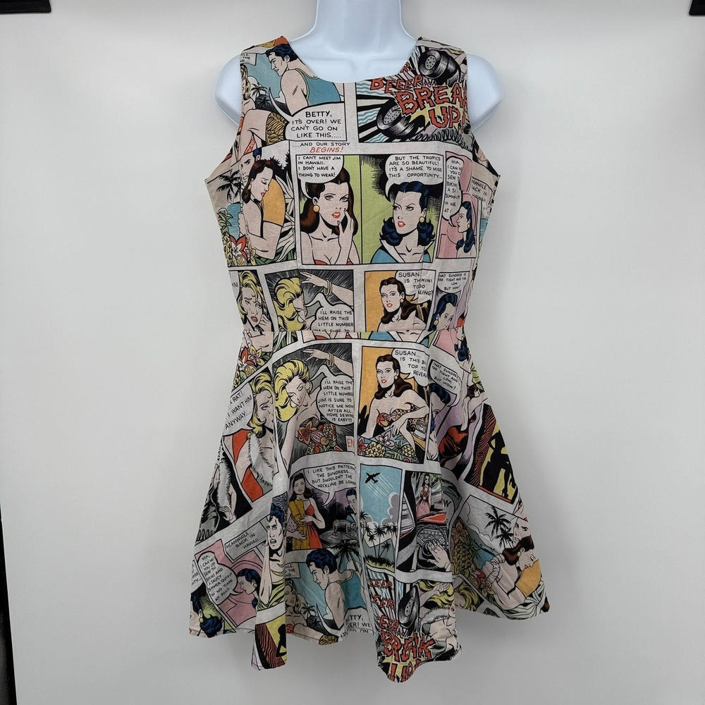 Hemet Comic Book Print‎ Dress Sleeveless Fit and Flare Cotton Sz M Novelty Funny